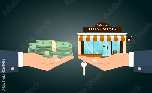 Vector illustration of two hands changing money for small cafe with your business words. 
