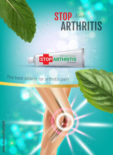 Arthritis Pain Relief Ointment ads. Vector 3d Illustration with Tube cream with peppermint extract.