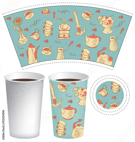 vector template paper cup for hot drink with the texture of doodles dishes, kettles, grinders, cups, vases, fruits