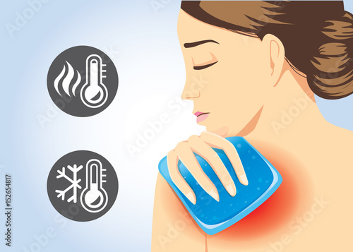 Woman relief of shoulder pain with Cold and hot pack gel. Illustration about first aid equipment.