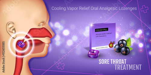 Cough Drops ads. Vector 3d Illustration with blackcurrant pills for throat.