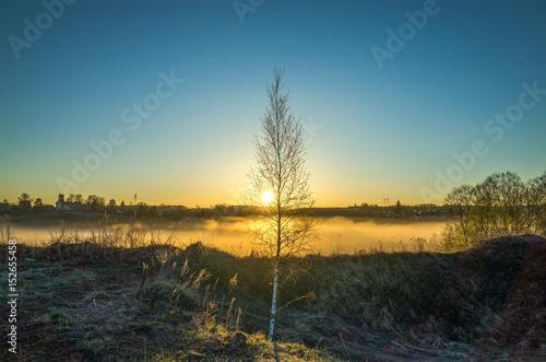 Sunrise in the village and the tree, Russia, Vladimir region