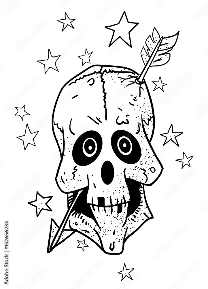 Fototapeta premium Cartoon image of magic skull with arrow through brain. An artistic freehand picture.