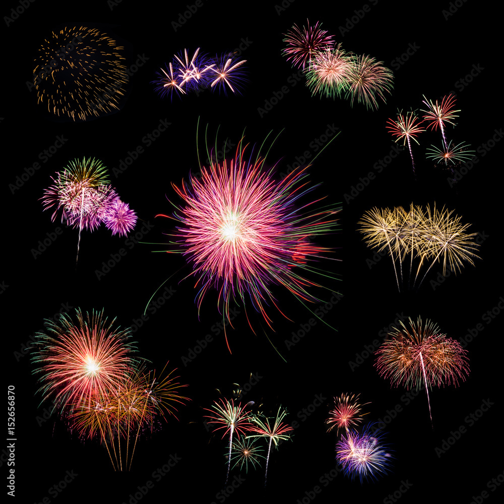 Fireworks collection on dark sky background, set of beautiful firework individually for graphic use Fireworks collection on dark sky background, set of beautiful firework individually for graphic use