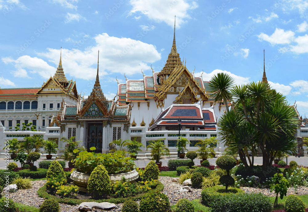 Beautiful view of the garden before Grand Royal Palace. Bangkok, Thailand. Phra Thinang Chakri Maha Prasat.