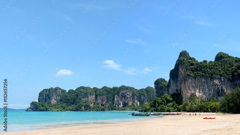 Panoramic view of Railay Beach in Thailand. Tropical vacation concept.
