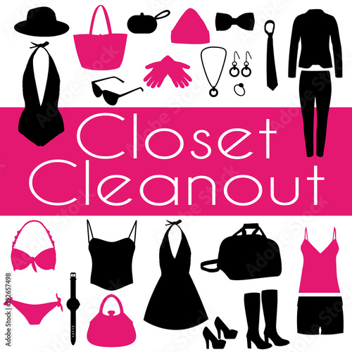 Closet cleanout event. Vector poster. Pink and black fashion clothing II.