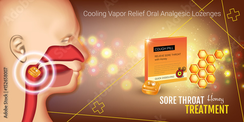 Cough Drops ads. Vector 3d Illustration with honey pills for throat.