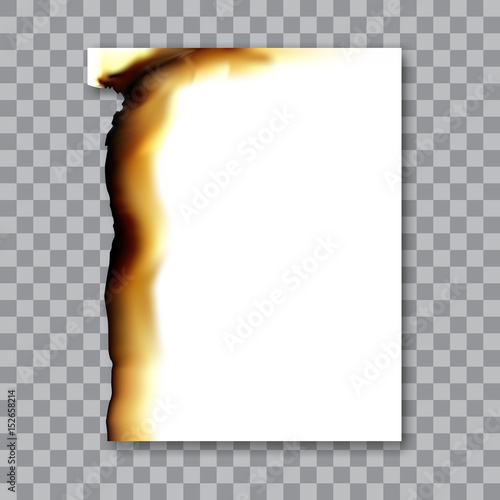 Burnt sheet of paper with ash. Damage edge and destroyed sheet. On transparent background vector illustration.