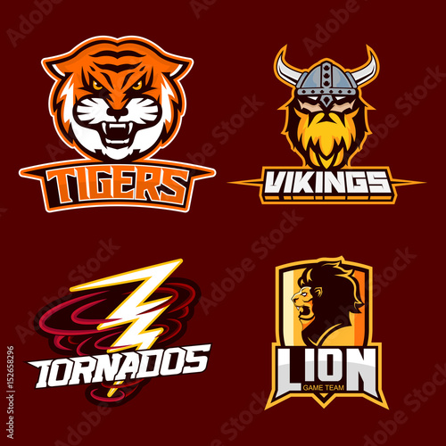 Set of modern professional logo for sport team. Tiger, viking, tornados, lion mascot. Vector symbol on a dark background.