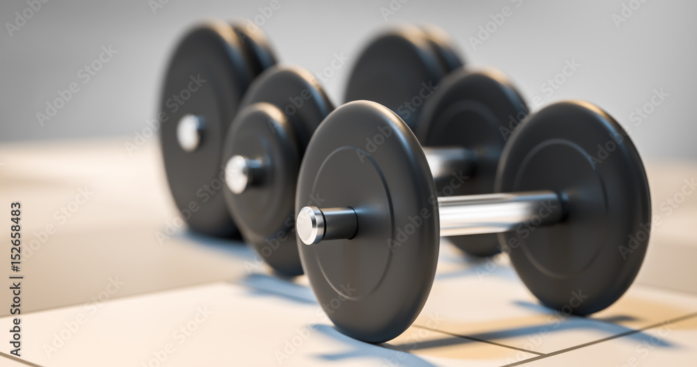 three dumbbells standing in row 3d illustration three dumbbells standing in row 3d illustration