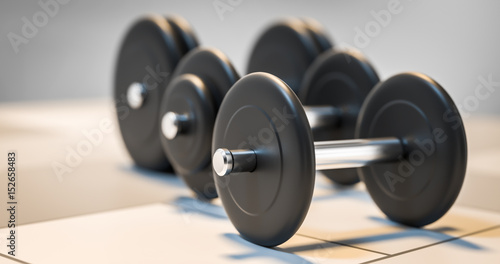 three dumbbells standing in row 3d illustration