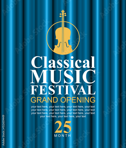 vector poster for a classical music festival with a blue velvet curtain and violin