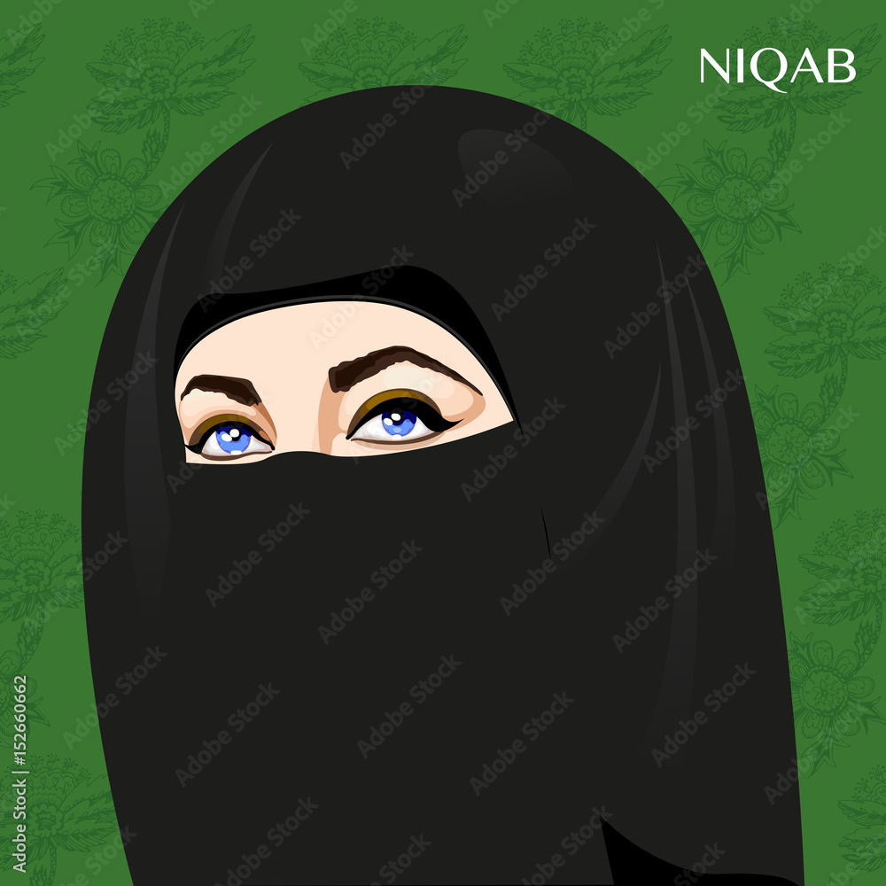 Varieties of traditional Muslim women's clothes - niqab. Look and rules of wearing Islamic clothing. Vector Illustration Varieties of traditional Muslim women's clothes - niqab. Look and rules of wearing Islamic clothing. Vector Illustration
