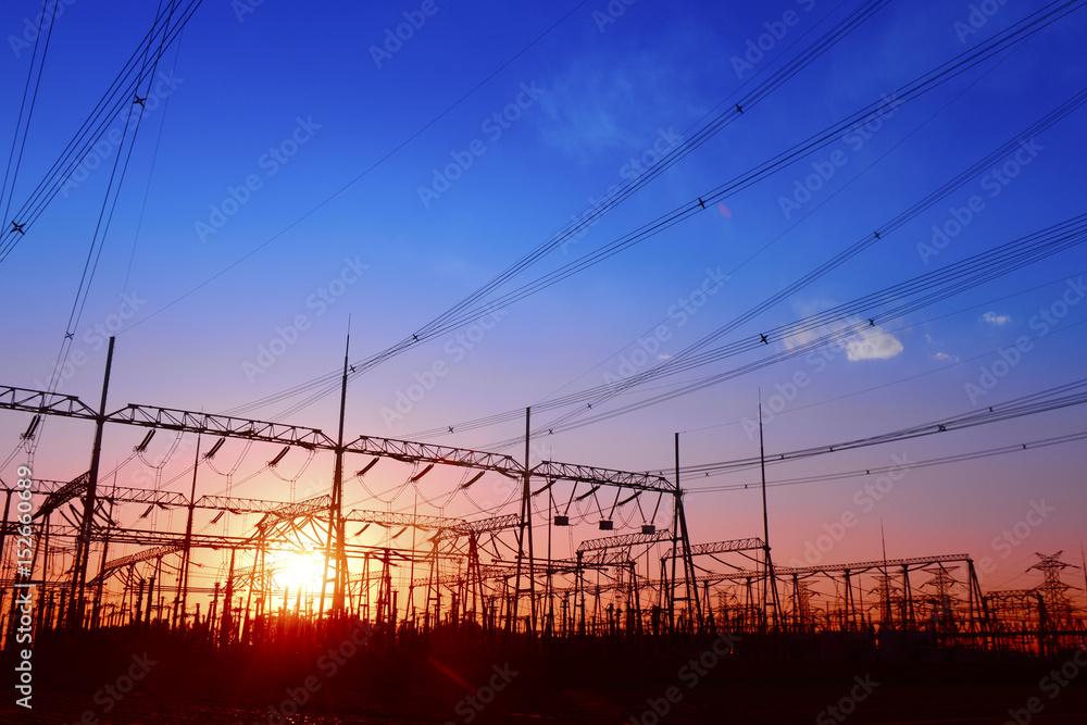 A high voltage substations, in the sunset