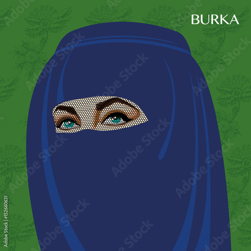Varieties of traditional Muslim women's clothes - burka. Look and rules of wearing Islamic clothing. Vector Illustration