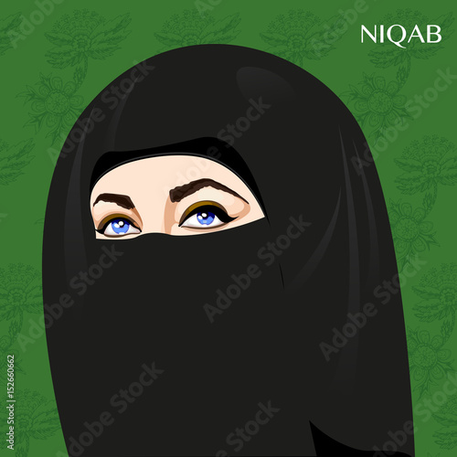Varieties of traditional Muslim women's clothes - niqab. Look and rules of wearing Islamic clothing. Vector Illustration