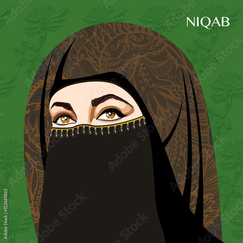 Varieties of traditional Muslim women's clothes - niqab. Look and rules of wearing Islamic clothing. Vector Illustration