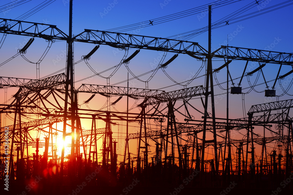A high voltage substations, in the sunset