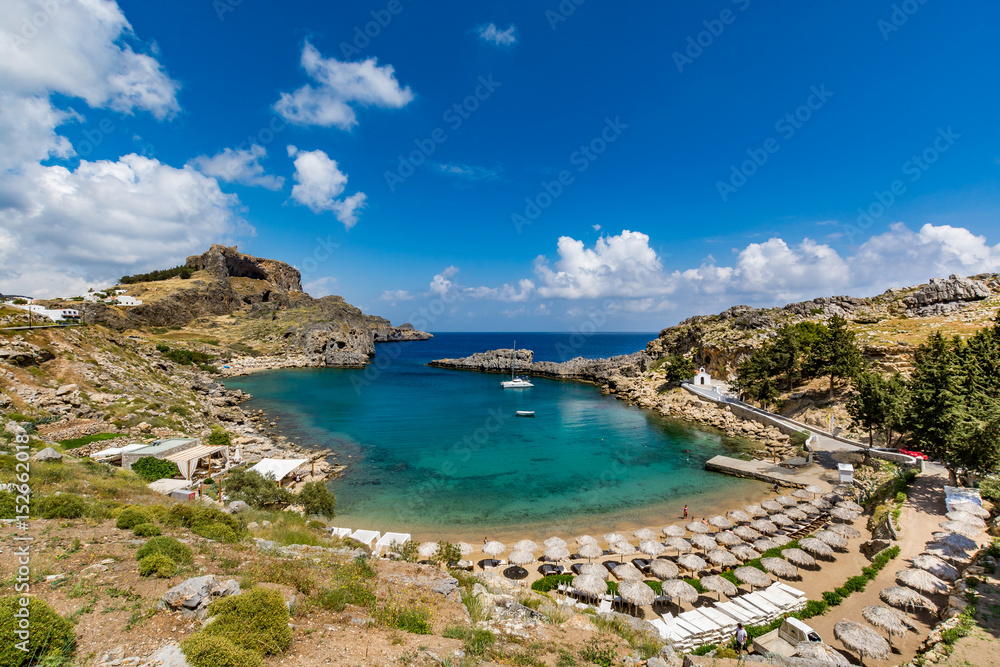 St Paul's Bay and Agios Pavlos beach near Lindos on a beautiful day, Rhodes island, Greece 