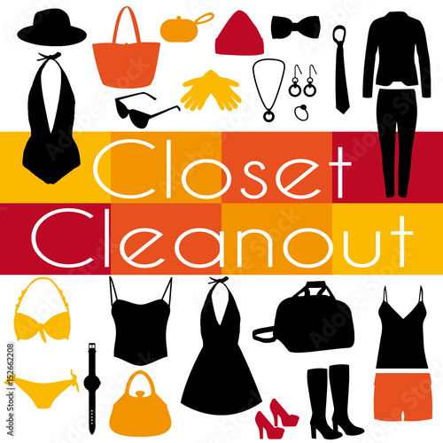 Closet cleanout event. Vector poster. Hot colors fashion clothing.