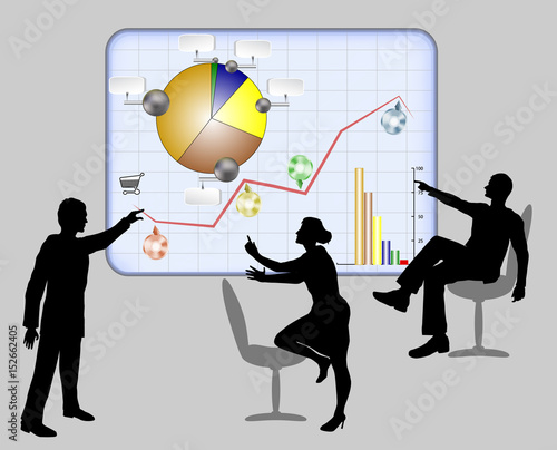 Managers solve work problems using interactive light board with infographic. Silhouettes of two men and woman with circular diagrams and graphs
