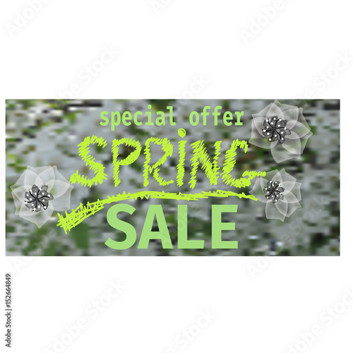 spring sale banner green with flowerand discount, vector illustration photo