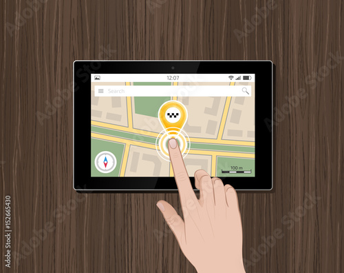 Pick A Cab Taxi Via Mobile. Vector illustration on the subject of 'Taxi Service / Mobile Technology'.