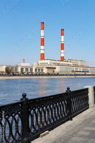 View of Moskva River from the side of Novodevichya Embankment in Moscow photo