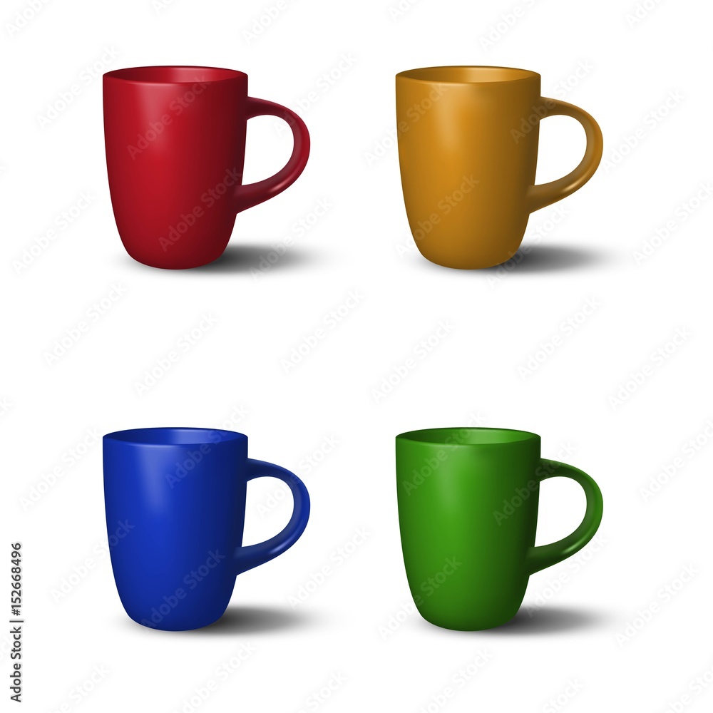 4 colorful realistic cups. Vector red, yellow, blue, green cups on white  background Stock Vector
