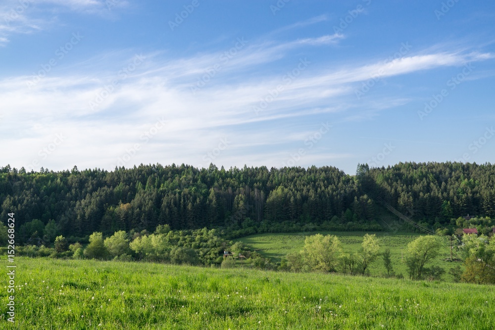 Fototapeta premium Dramatic clouds on a green meadow, sunrise and sunset in nature. Slovakia