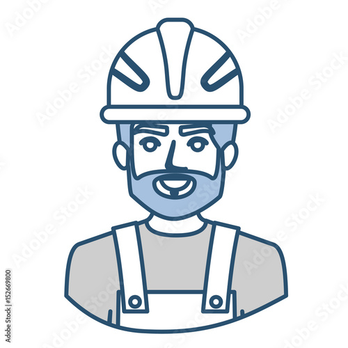 blue silhouette with half body of bearded male worker with helmet vector illustration