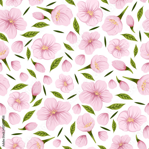 Seamless pattern with cherry flowers and petals. © Hmarka