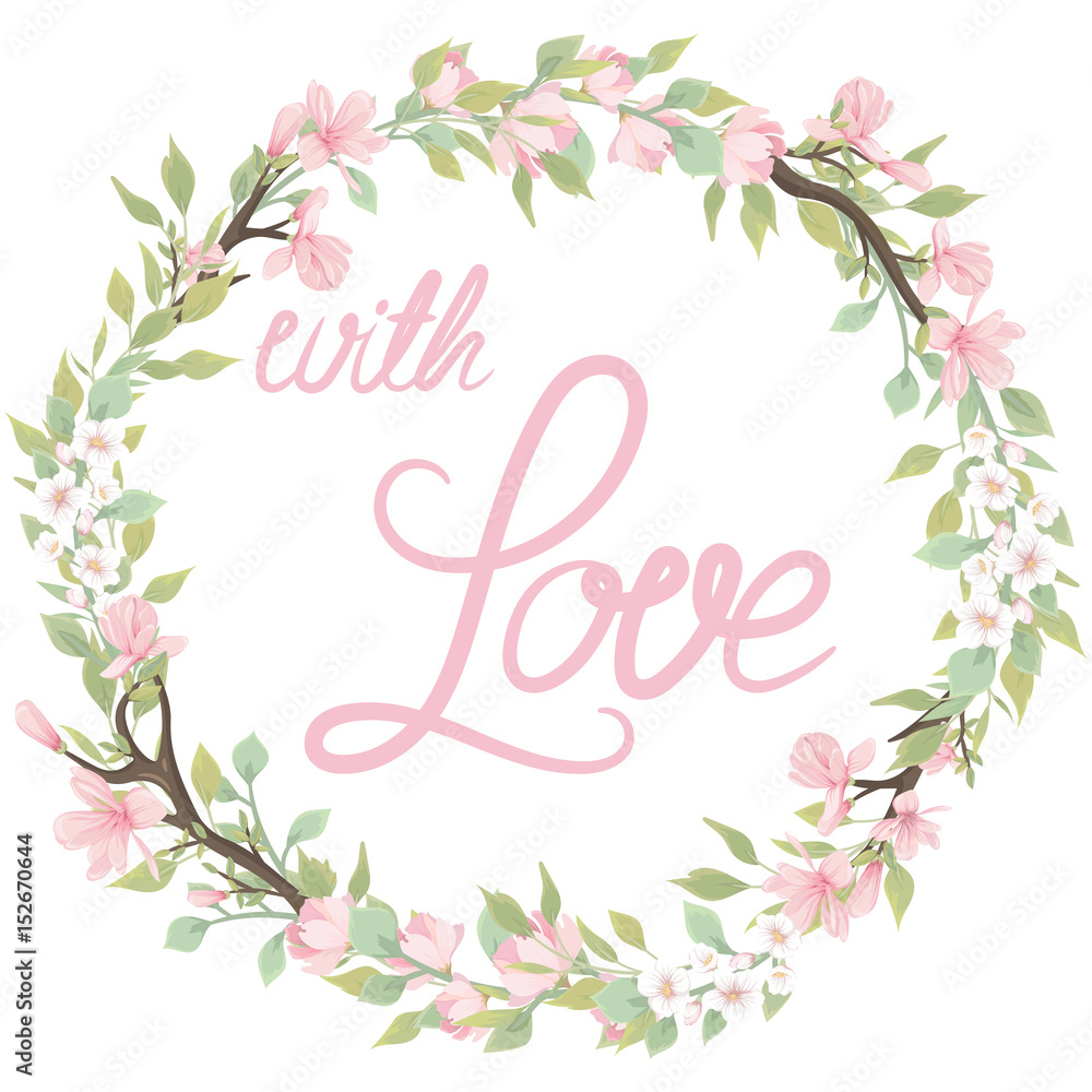 Fototapeta premium Wreath with flowering branches. Wreath-template with spring flowers