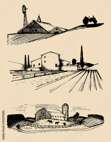 Vector farm landscapes illustrations set. Hand drawn countryside. Drawings of villa, peasants house in fields.