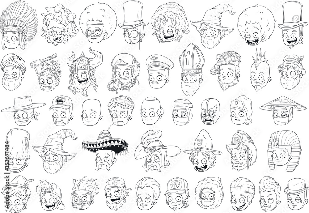 Cool different cartoon black and white characters heads for coloring big vector set