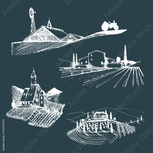 Vector farm landscapes illustrations set. Sketches of villa, vineyard, abbey, agricultural homestead in mountains,hills.