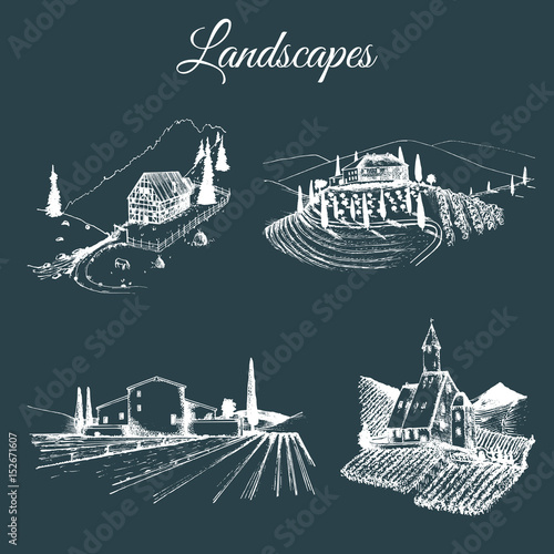 Vector farm landscapes illustrations set. Sketches of villa, vineyard, abbey,agricultural homestead in mountains,fields.
