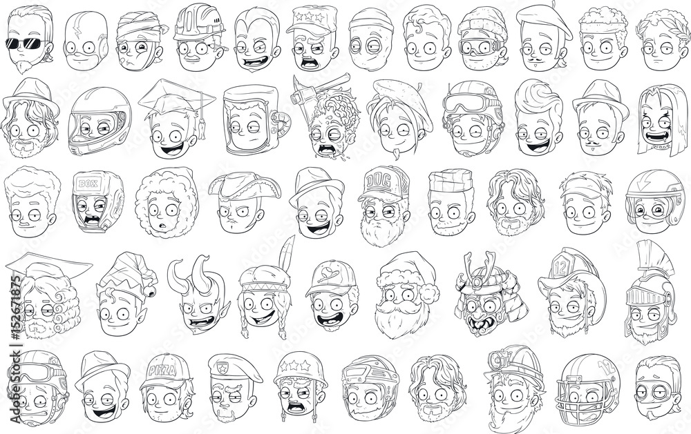 Different funny cartoon black and white characters heads for coloring big vector set