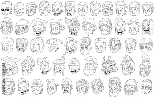 Different funny cartoon black and white characters heads for coloring big vector set