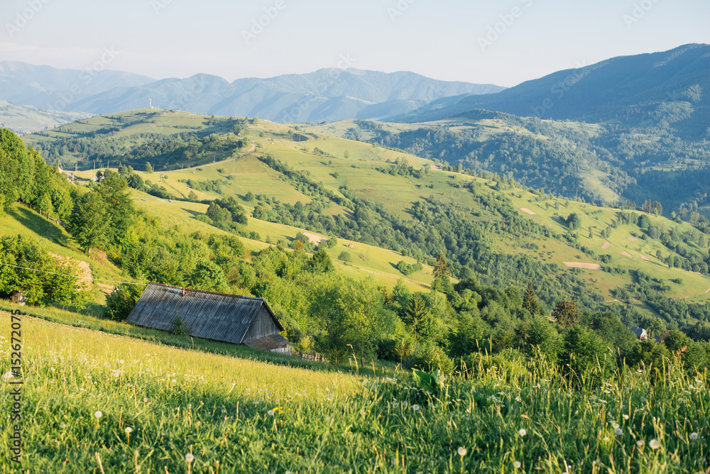 Single wooden house on a background of green Carpathian Mountains