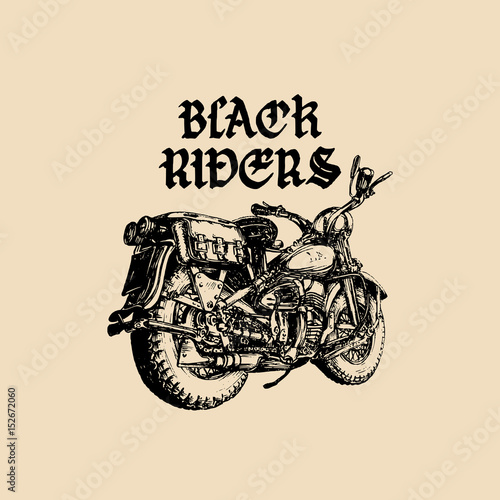 Vector motorcycle sketch with gothic handwritten lettering Black Riders. Vintage poster with custom chopper.