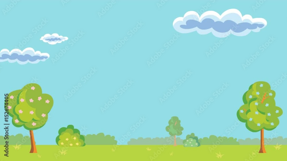 Landscape with trees and blue sky. Clouds in cartoon style video.