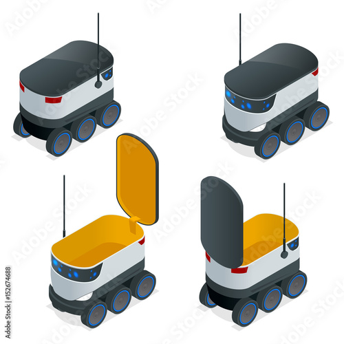 Isometric Robots Deliver Takeout Orders. It can carry up to 10 kilograms or three shopping bags and has a range of 10 miles. Flat vector illustration
