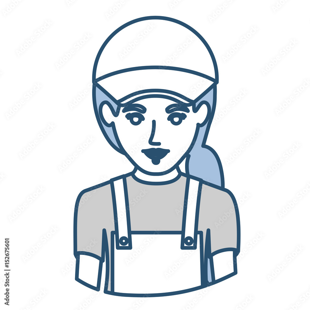 blue silhouette with half body of delivery woman vector illustration