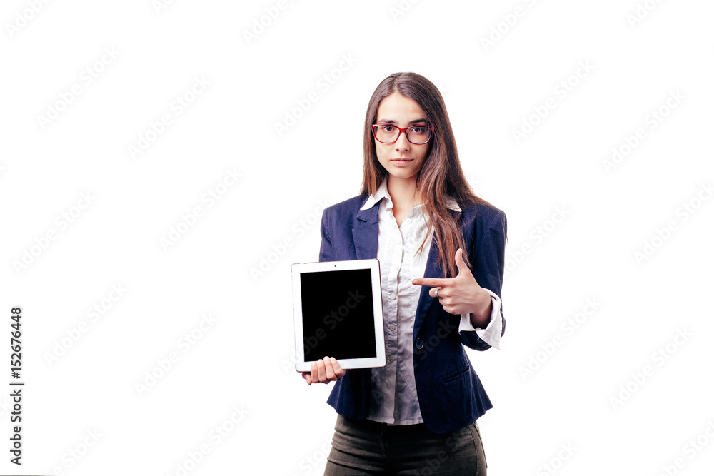 Beautiful girl pointing on white background Beautiful girl pointing on white background