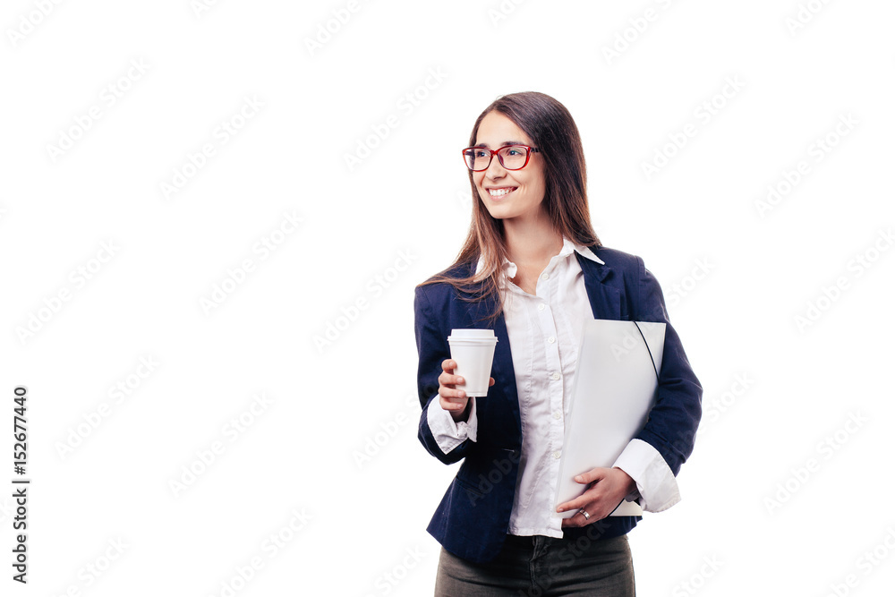 Young business woman holding cup of coffee on white background Young business woman holding cup of coffee on white background