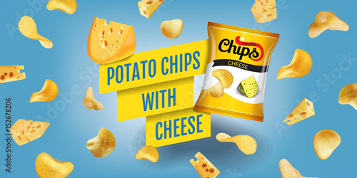 Potato chips ads. Vector realistic illustration of potato chips with cheese. Horizontal banner with product.