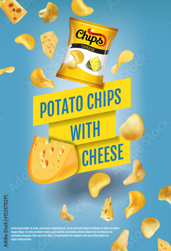 Potato chips ads. Vector realistic illustration of potato chips with cheese. Vertical poster with product.