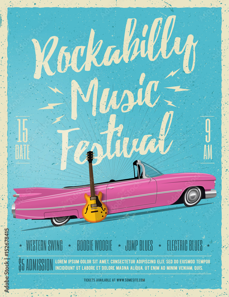 Plakat Ulotka plakat festiwalu muzyki Rockabilly. Vintage w stylu ilustracji wektorowych